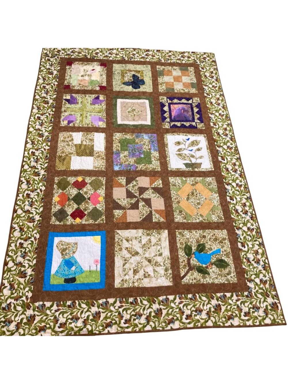 3 Dudes Quilting Completed "Green Leaves Of Summer" Patchwork Quilt 82"x53"
